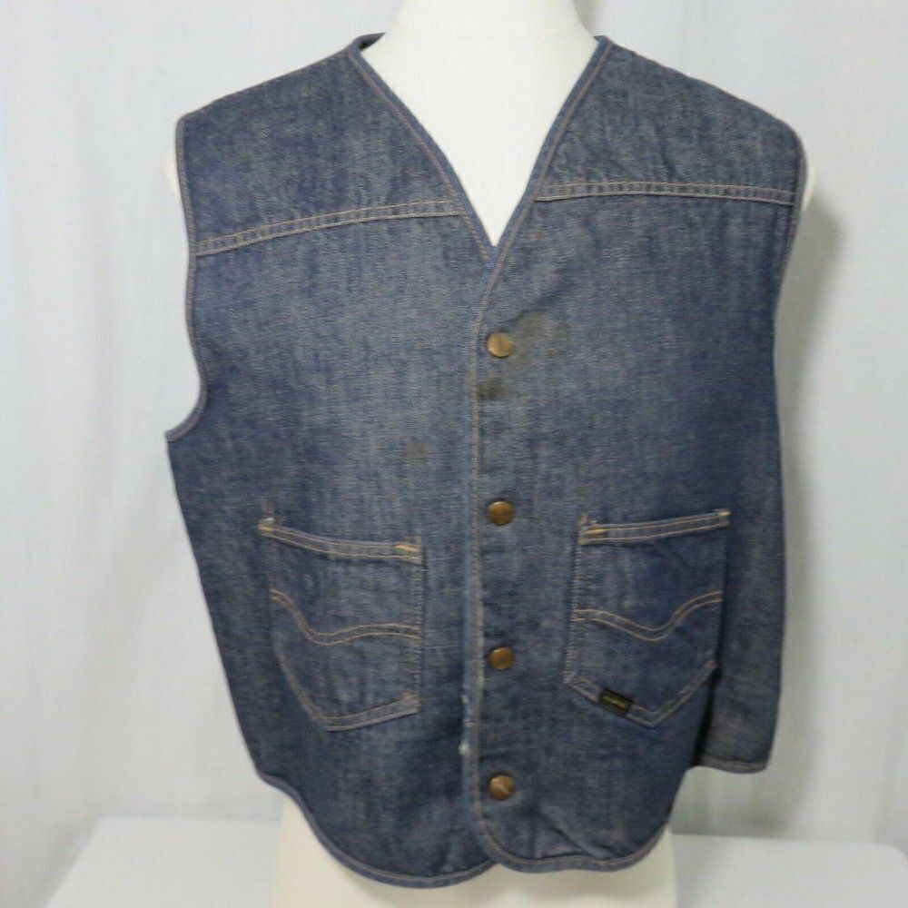 Vintage 60s Sears Roebucks XL Denim Jean Sherpa Lined Vest Snap Front Western